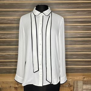 DKNY Women's Petite Piped Trim Button Up Blouse-White-PL